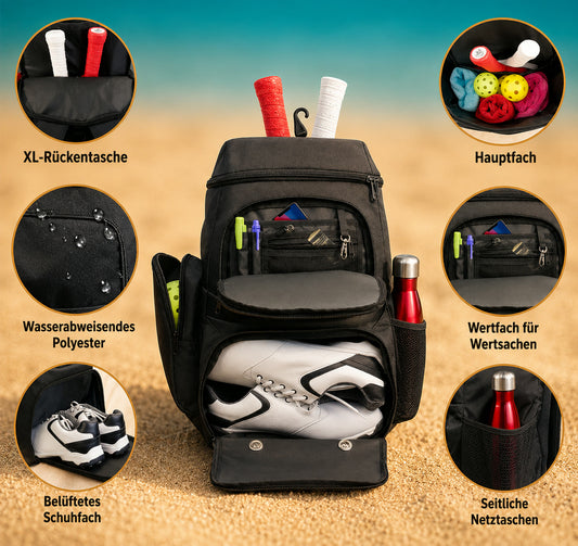PADVEO Court Backpack – Padel Rucksack schwarz, Innenansicht mit Schuhfach und Fächern